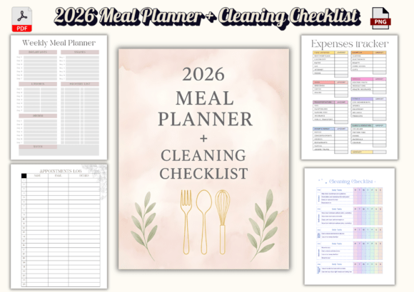 Download 2026 Meal Planner + Cleaning Checklist - Premium Bundle
